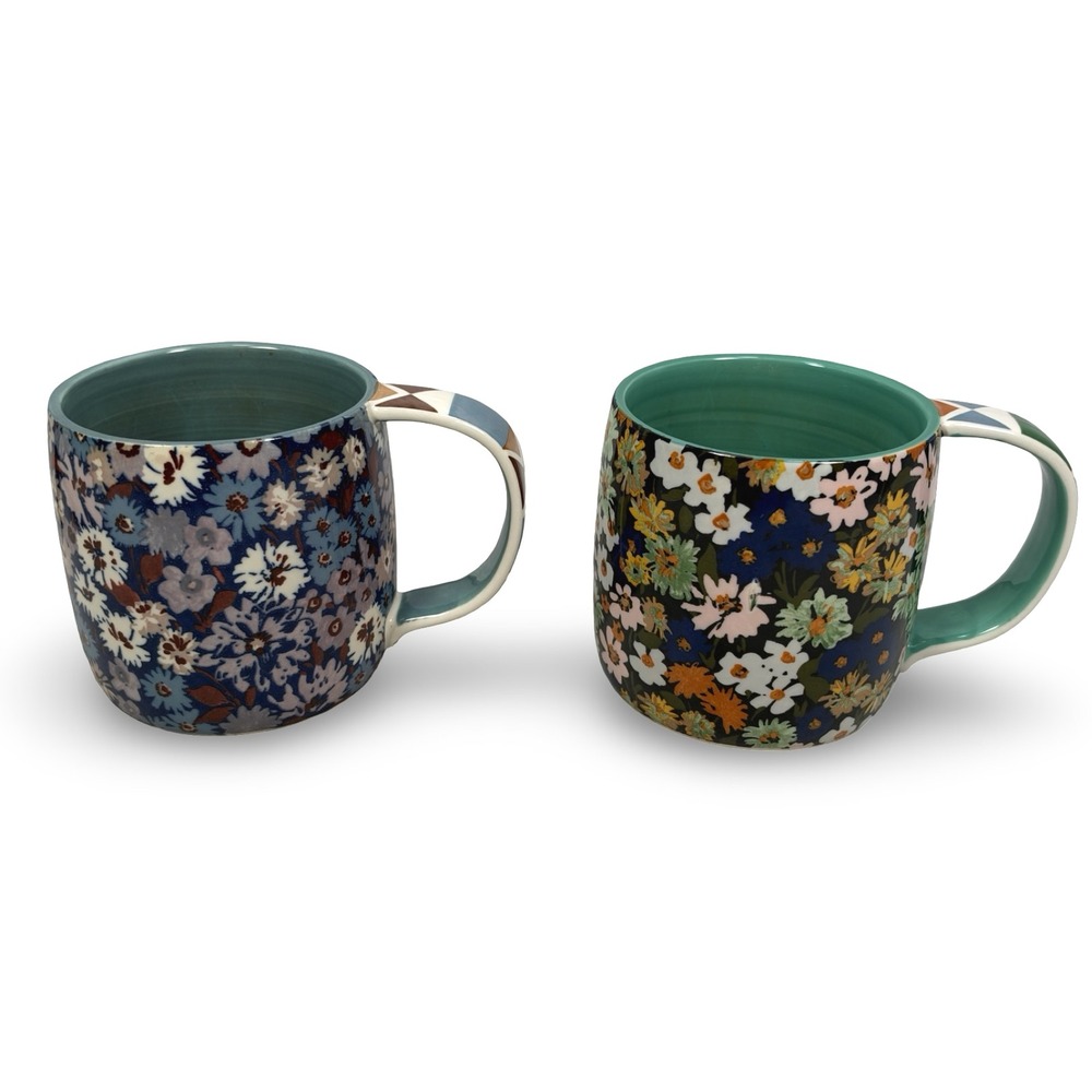 Anthropologie Loren Floral Ceramic Mugs Set of 2 Blue Green Geometric Handle 4in